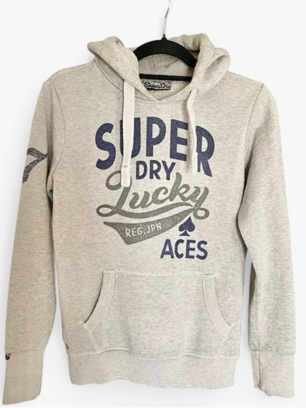 Superdry Aces Vintage Hoode Sweatshirt - Light Grey Sparkle with Navy Print